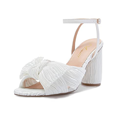 Athlefit Women's Open Toe Chunky Heels Pleated Bow Ankle Strap Heeled Sandals Wedding Bridal Shoes Pearl Size 5.5 | Amazon (US)