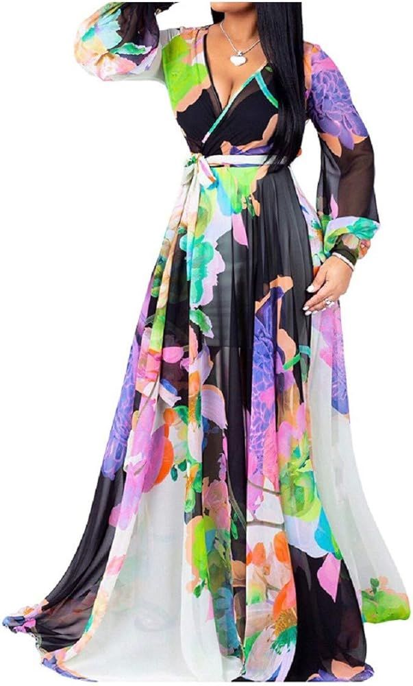 lvenzse Womens Maxi Dress Boho Chiffon Floral Printed Long Party Dresses Plus Size with Belt (S-5... | Amazon (US)