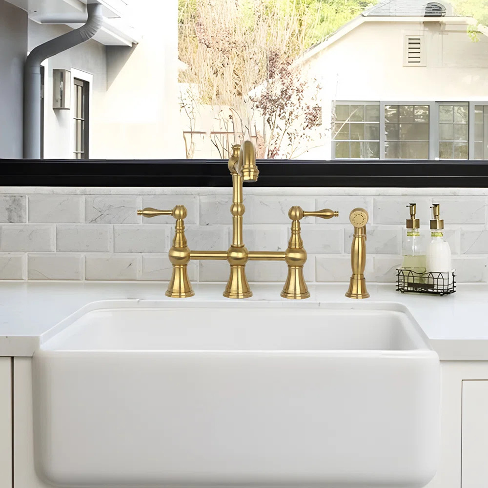 Brass Heritage Bridge Kitchen Faucet with Side Spray 2 Handles NX96718-BTG | Wayfair North America