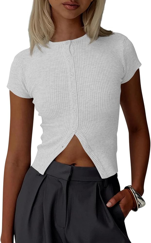 Imily Bela Womens Short Sleeve Sweater Tops Summer Button Down Casual Ribbed Knit Slim Fit Croppe... | Amazon (US)
