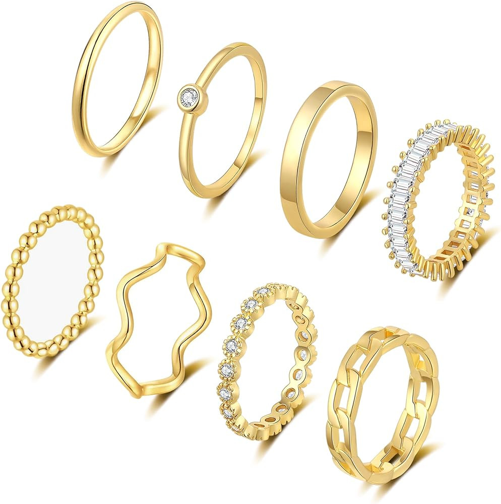 WFYOU Gold Rings for Women Non Tarnish 8PCS 14K Gold Plated Stacking Ring for Women Band Simple C... | Amazon (US)
