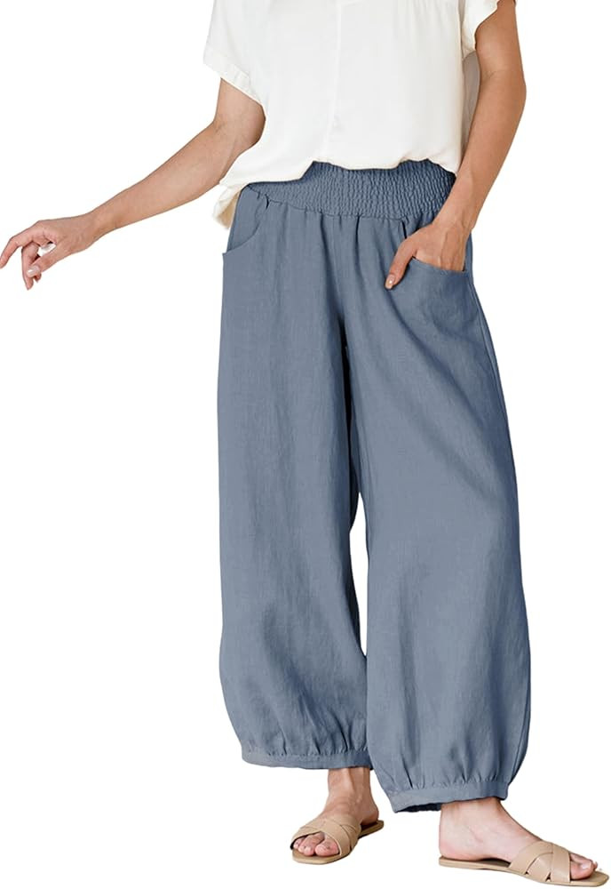 Xiaoxuemeng Womens Wide Leg Pants Cotton Linen Barrel Pants Elastic Waisted Lounge Trousers with ... | Amazon (US)