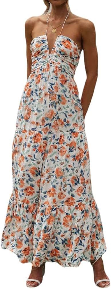 Women's Summer Chiffon Halter V Neck Sleeveless Floral Flowy A Line Maxi Dress Boho Backless Tier... | Amazon (US)