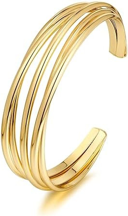 Gold Cuff Bracelet for Women Chunky Multi-layer Cross Wire Open Bracelet Hollow Wide Cuff Bracele... | Amazon (US)