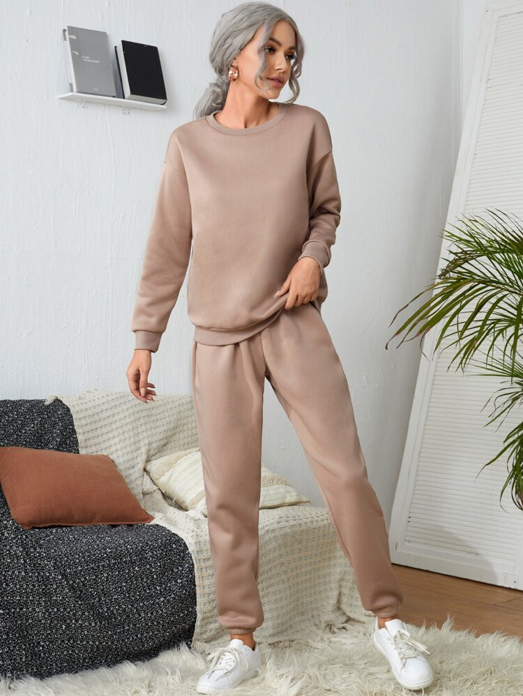 Solid Round Neck Sweatshirt & Sweatpants Set | SHEIN