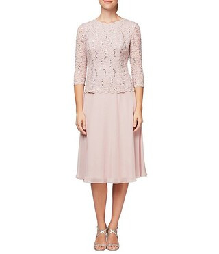 Crew Neck 3/4 Sleeve Sequin Floral Lace Bodice Chiffon A-Line Midi Dress | Dillard's
