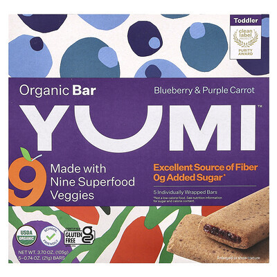 Yumi, Organic Bar, Toddler, Blueberry & Purple Carrot, 5 Bars, 0.74 oz (21 g) Each | iHerb