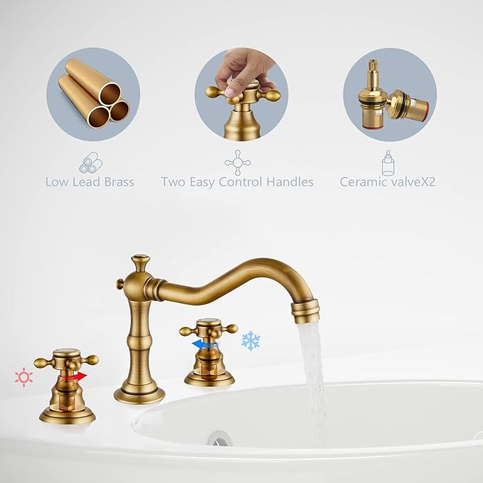 Antique Brass Widespread Bathroom Faucet Deck Mount 8 Inch 3 Hole Double Cross Handle Bathroom Si... | Amazon (US)