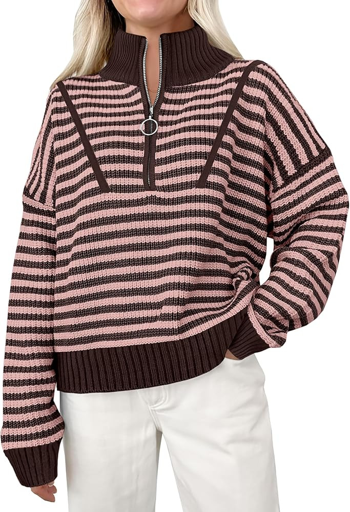 ANRABESS Womens Striped Sweaters Long Sleeve Casual Half Zip Knit Pullover Tops 2024 Fall Comfy L... | Amazon (US)