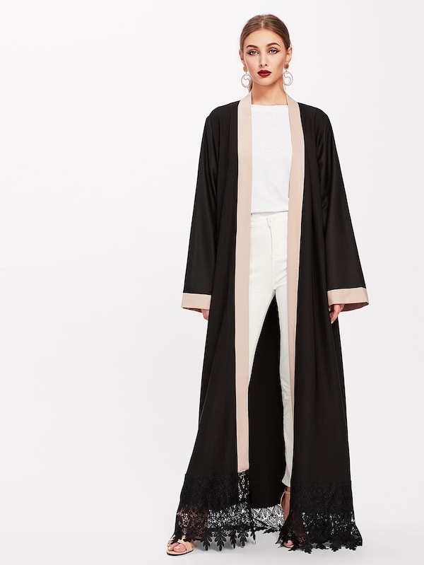 Contrast Lace Crochet Hem Floor Length Abaya | SHEIN