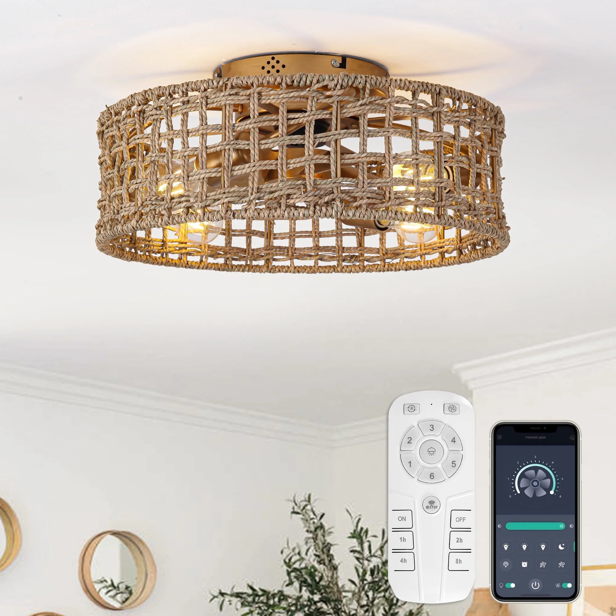 Parrot Uncle Bohemia 18" Brown Straw-Rope 4-Light Flush Mount Ceiling Fan with Remote and APP Con... | Walmart (US)