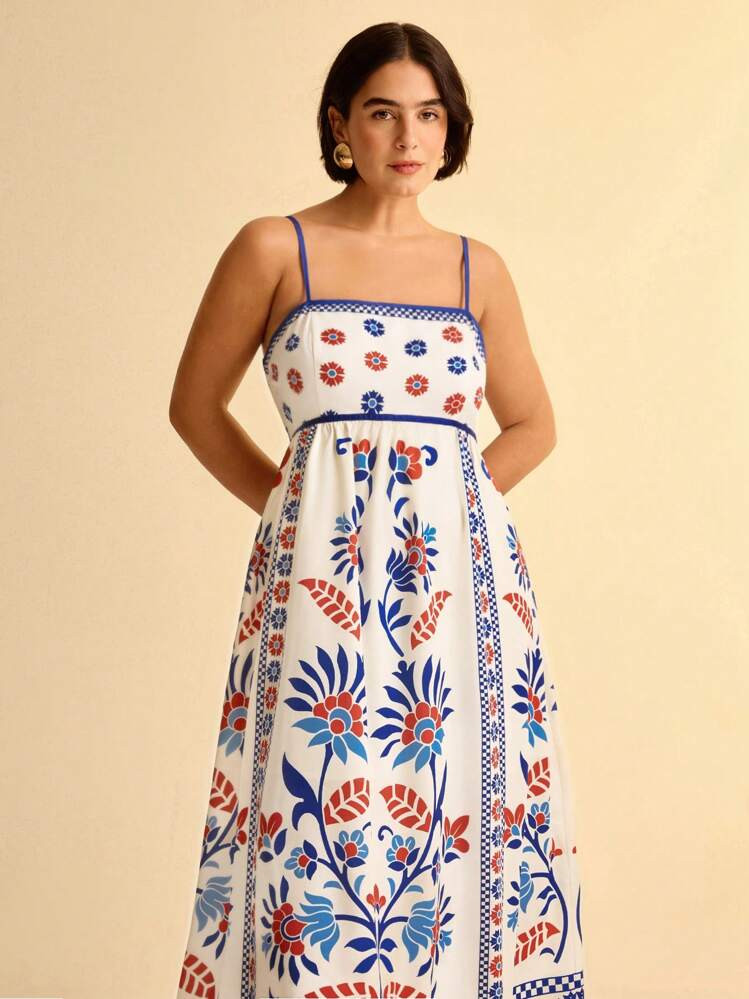 CAJUNI Plus Size Women Spaghetti Strap Backless Sundress With Chrysanthemum And Azalea Floral Prints, Elegant And Beautiful For Summer Vacation | SHEIN