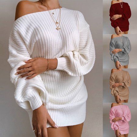 Twowood Women One Shoulder Puff Long Sleeve Sweater Dress Loose Tunic Knitted Jumper | Walmart (US)