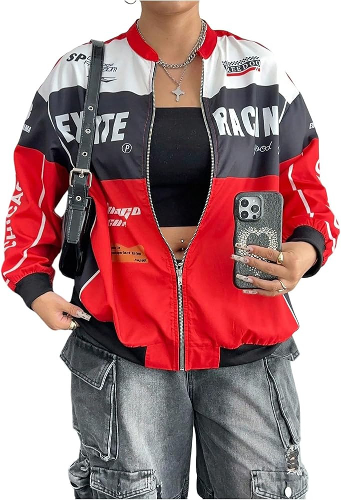GORGLITTER Women's Plus Size Race Car Driver Jacket Oversized Zip Up Varsity Jacket Letter Motorc... | Amazon (US)