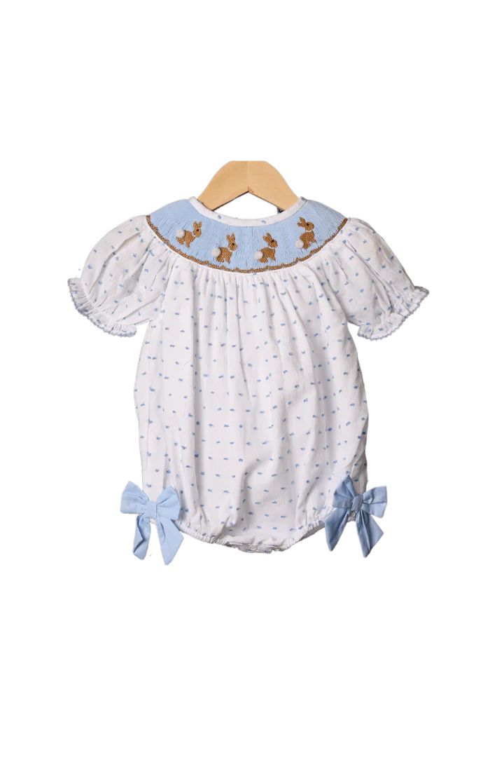 Smocked Blue Swiss Dot Bunny Bow Bubble | The Smocked Flamingo