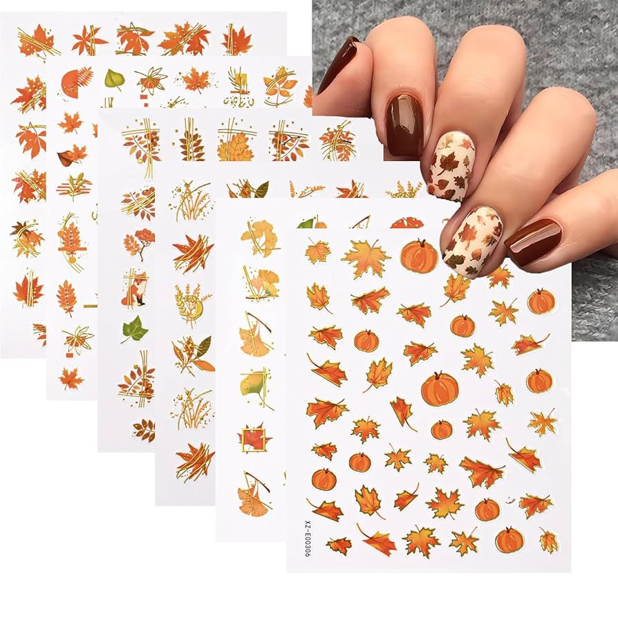 Fall Nail Stickers 3D Self Adhesive Maple Nail Art Stickers Pumpkin Nail Decals with Maple Leaf F... | Amazon (US)