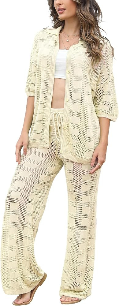 Famulily Womens 2 Piece Crochet Knit Cover Up Summer Beach Coverups Set with Short Sleeve Button ... | Amazon (US)