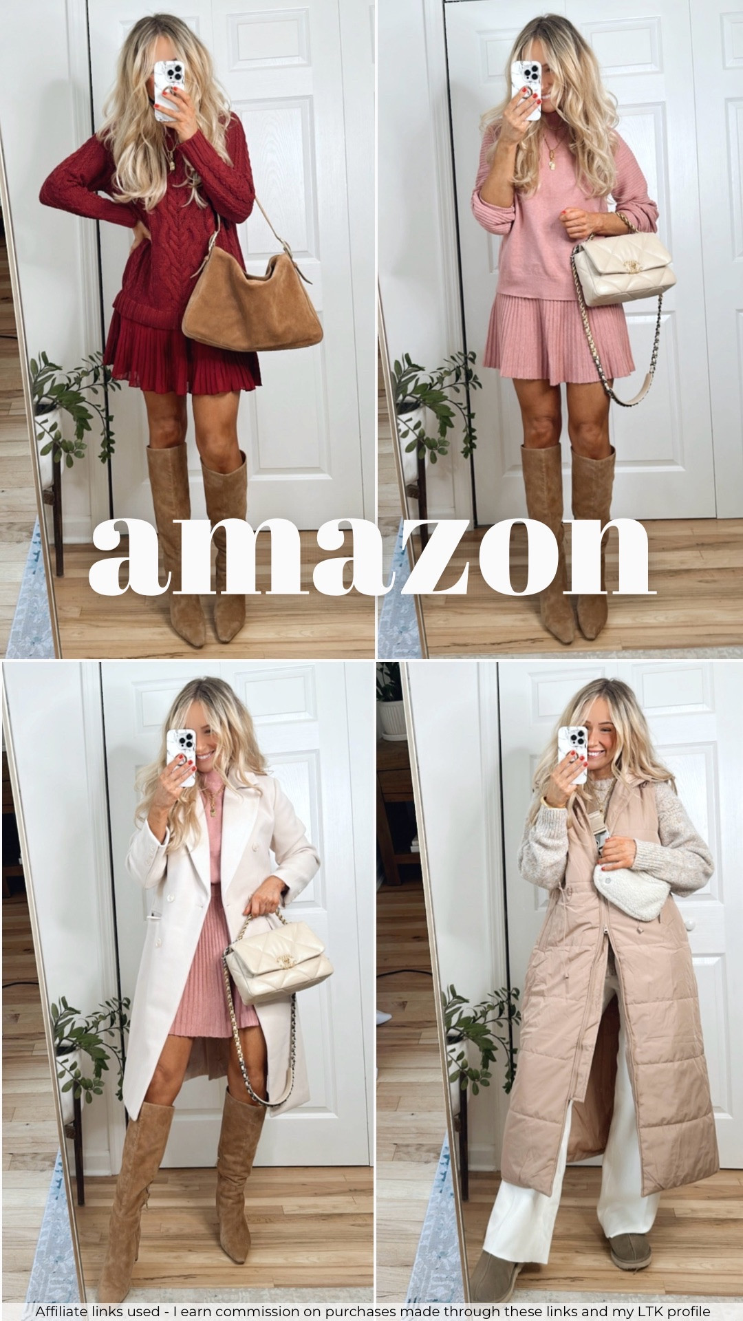 Amazon fall outfits ✨ Sizing info⬇️:
-Burgundy sweater dress: small
-Pink sweater skirt set: medium
-Light beige midi coat: medium
-Long puffer vest: medium 