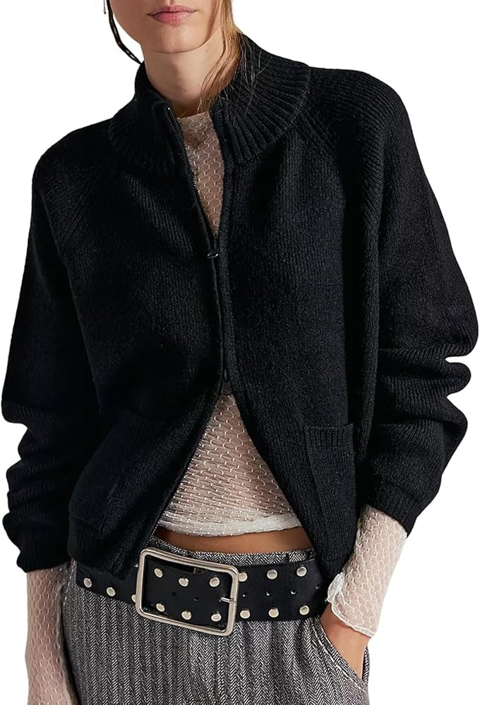 Wyeysyt Zip Up Sweaters for Women Cropped Chunky Cardigan Mock Neck Long Sleeve Ribbed Knit Cardi... | Amazon (US)