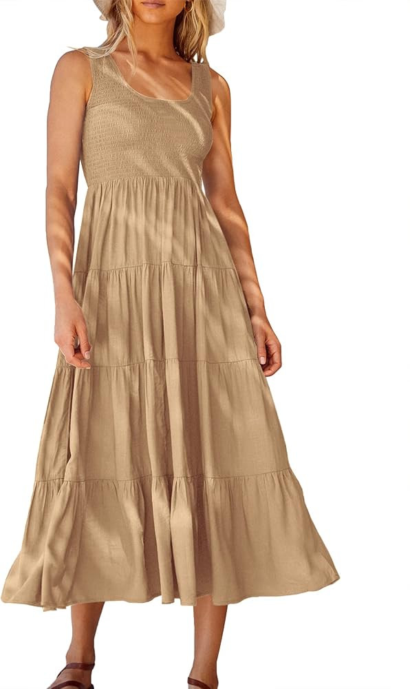 ANRABESS Women's Summer Casual Sleeveless Dress Smocked Tiered Swing A Line Boho Beach Midi Tank ... | Amazon (US)