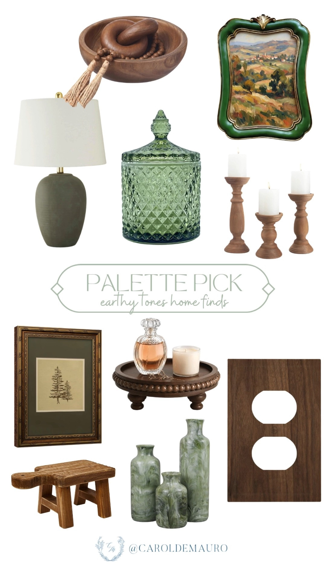 palette pick, earthy tones, green home decor, wooden home decor, green and brown home accents, table lamp, wooden bowl, wall art, glass canister, candle holders, pedestal tray, wooden socket covers, wooden stook, ceramic vases, vintage aesthetic, moody tones, amazon home

#LTKHome