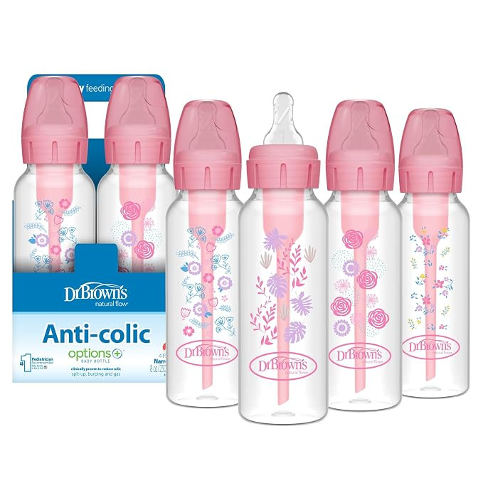 Dr. Brown's Natural Flow Anti-Colic Options+ Narrow Baby Bottle, Pink Floral, 8 oz/250 mL, with L... | Amazon (US)