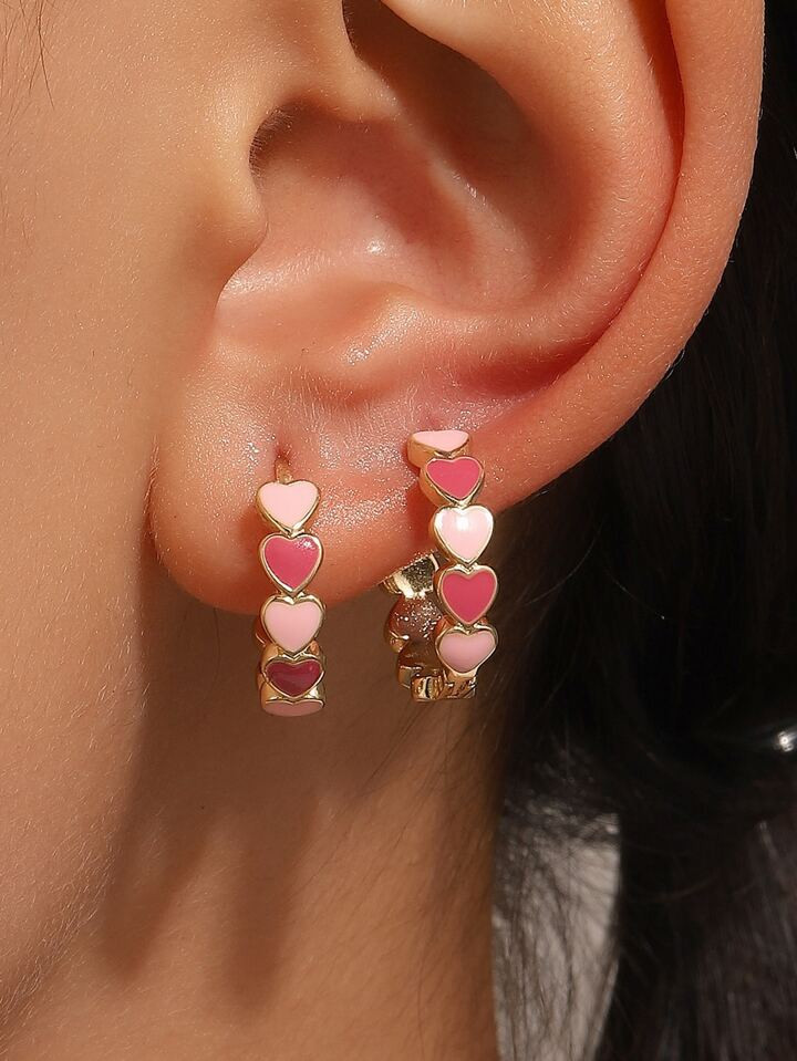 1pair Fashionable Sweet Peach Heart Painting & Oil Drop Shaped Heart Inlaid Earrings For Women An... | SHEIN