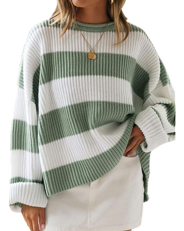 ZESICA Women's 2024 Fall Long Sleeve Crew Neck Striped Color Block Comfy Loose Oversized Knitted ... | Amazon (US)