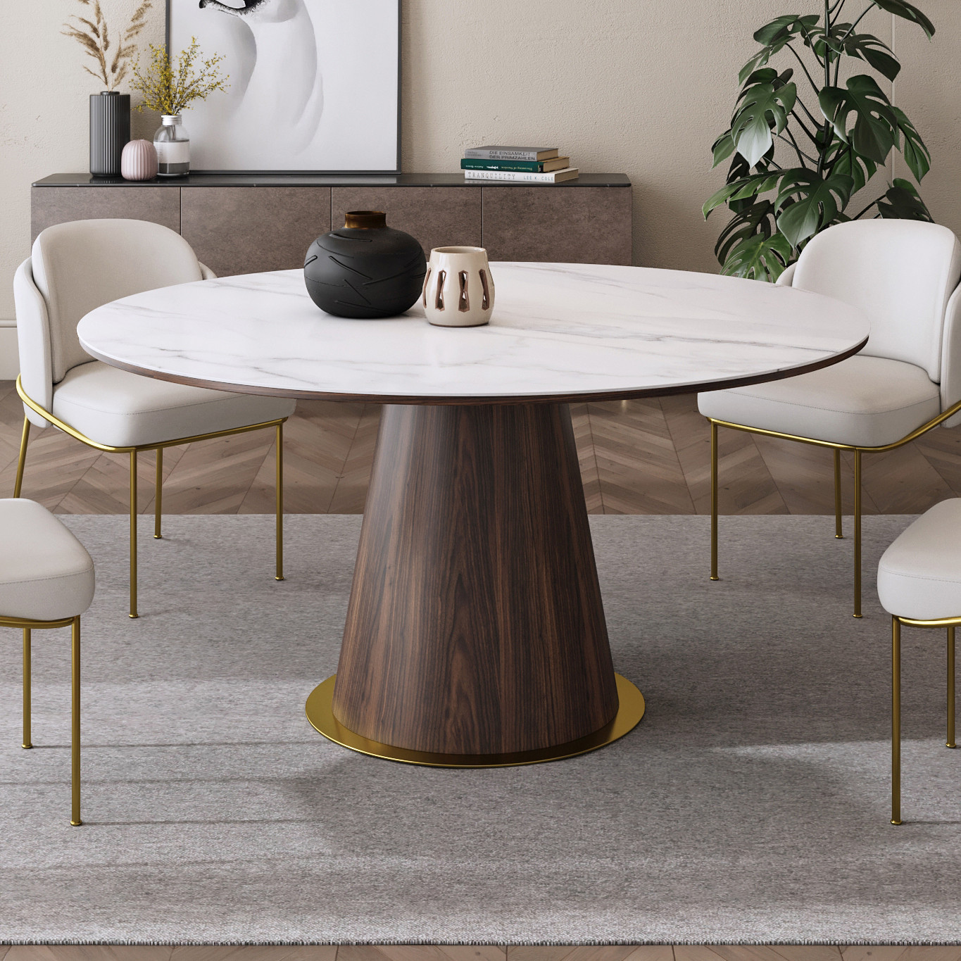 Round Dining Table Faux Marble Top Wooden Base for 6 Mid-Century Modern | Homary