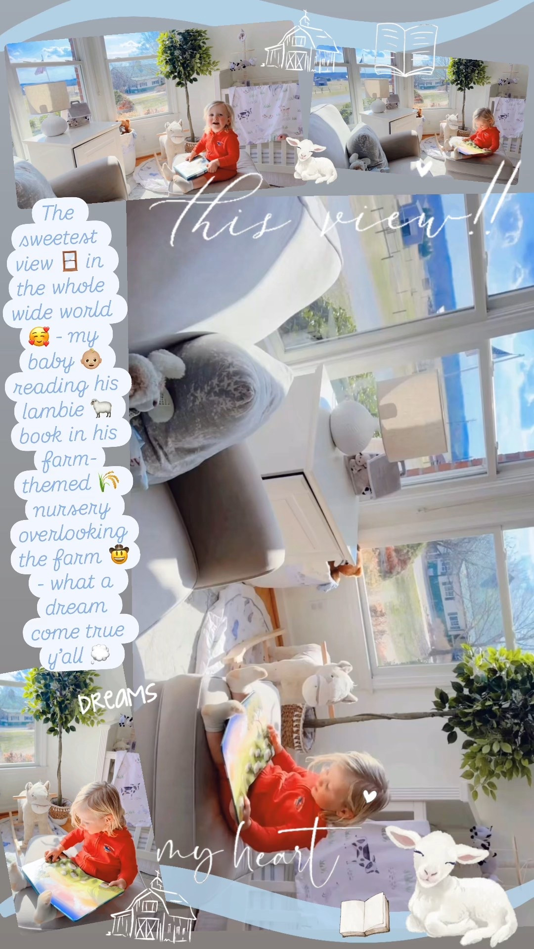 The sweetest view 🪟 in the whole wide world 🥰 - my baby 👶🏼 reading his lambie 🐑 book in his farm-themed 🌾 nursery overlooking the farm 🤠 - what a dream come true y’all 💭 
