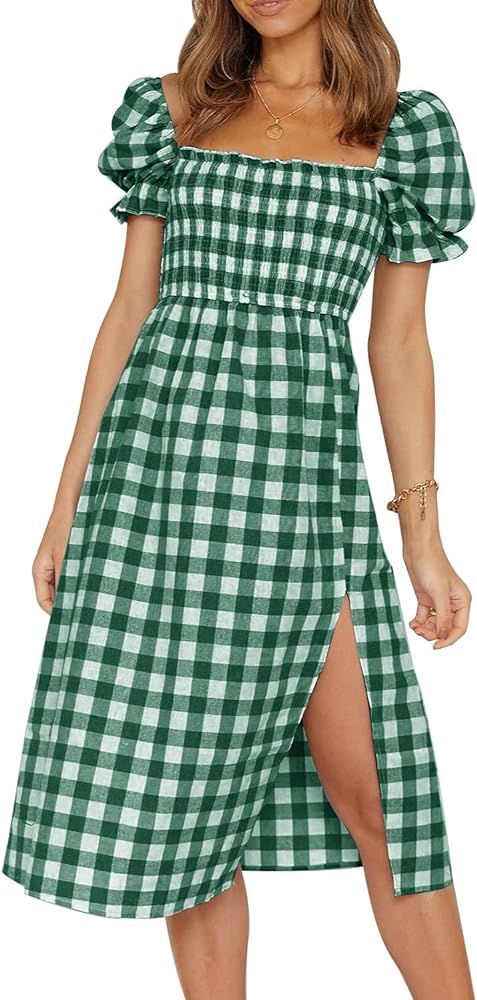 PRETTYGARDEN Plaid Dress for Women Short Puff Sleeve Square Neck Side Split Summer Midi Flowy Dre... | Amazon (US)