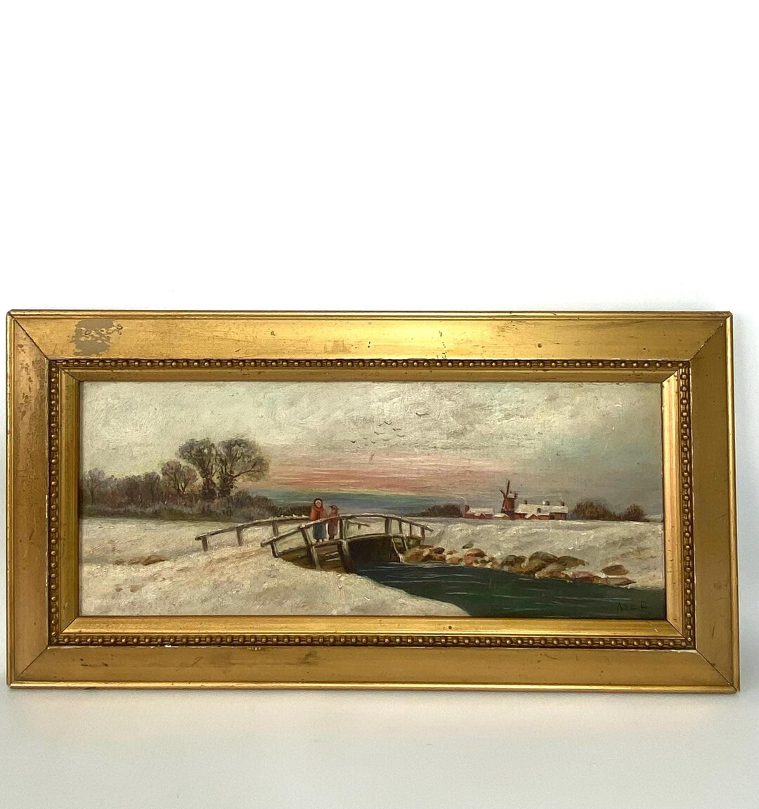 Antique Oil Painting: Signed MED, Rural Winter Scene With Windmill - Etsy | Etsy (US)