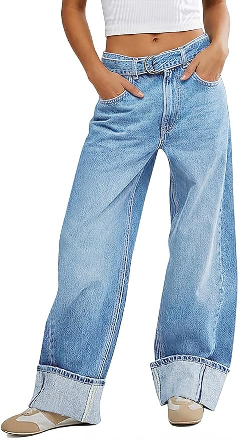 Tankaneo Womens Wide Leg Cuffed Jeans Trendy High Waisted Baggy Denim Pants | with Belt, High Ris... | Amazon (US)
