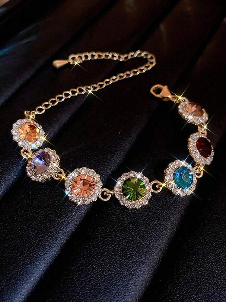 1 Pc Sparkling Round Rhinestones Inlaid Bracelet Zinc Alloy Jewelry Elegant Luxury Style For Women Wedding Hand Chain | SHEIN