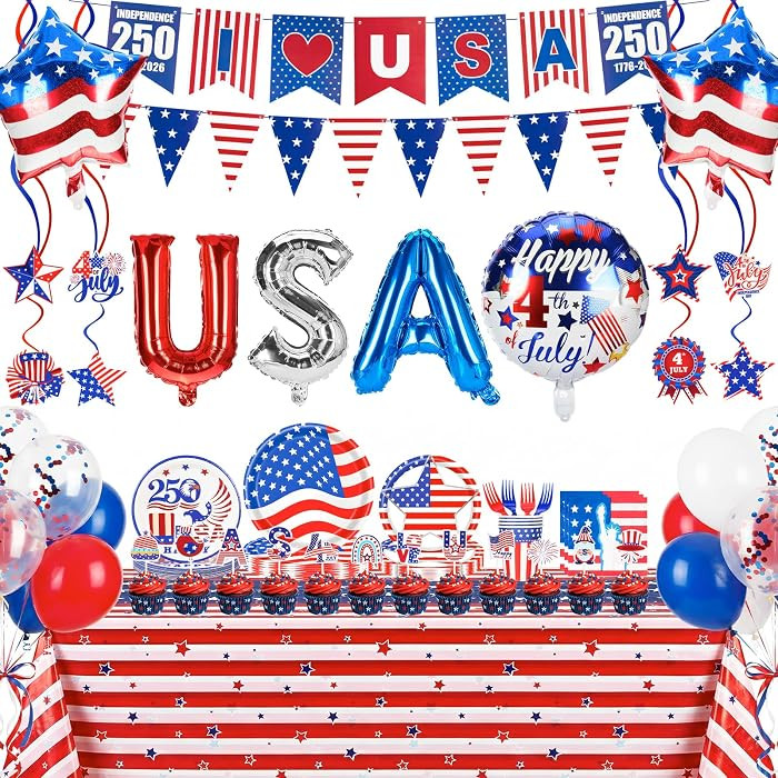 \u2b50 All-in-One Patriotic Party Supplies Set: It serves 24 guests, includes plates, cups, napki... | Amazon (US)