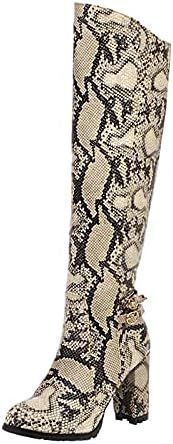 Womens Knee High Snakeskin Boots Mid-Calf Snake Print Booties Chunky Block High Heels Pointed Toe... | Amazon (US)