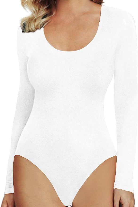 MANGOPOP Women's Scoop Neck Long Sleeve Stretchy Basic Bodysuit Jumpsuits | Amazon (US)