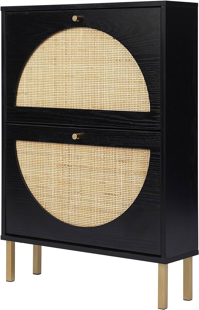 ZeHuoGe Natural Rattan Shoe Cabinet with 2 Flip Drawers, Black Shoe Shelf Organizer with Circle R... | Amazon (US)