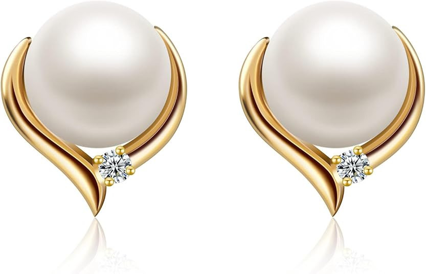 Pearl Earrings for Women 18K Gold Plated 925 Sterling Silver Ear Studs Handpicked Freshwater Pear... | Amazon (US)