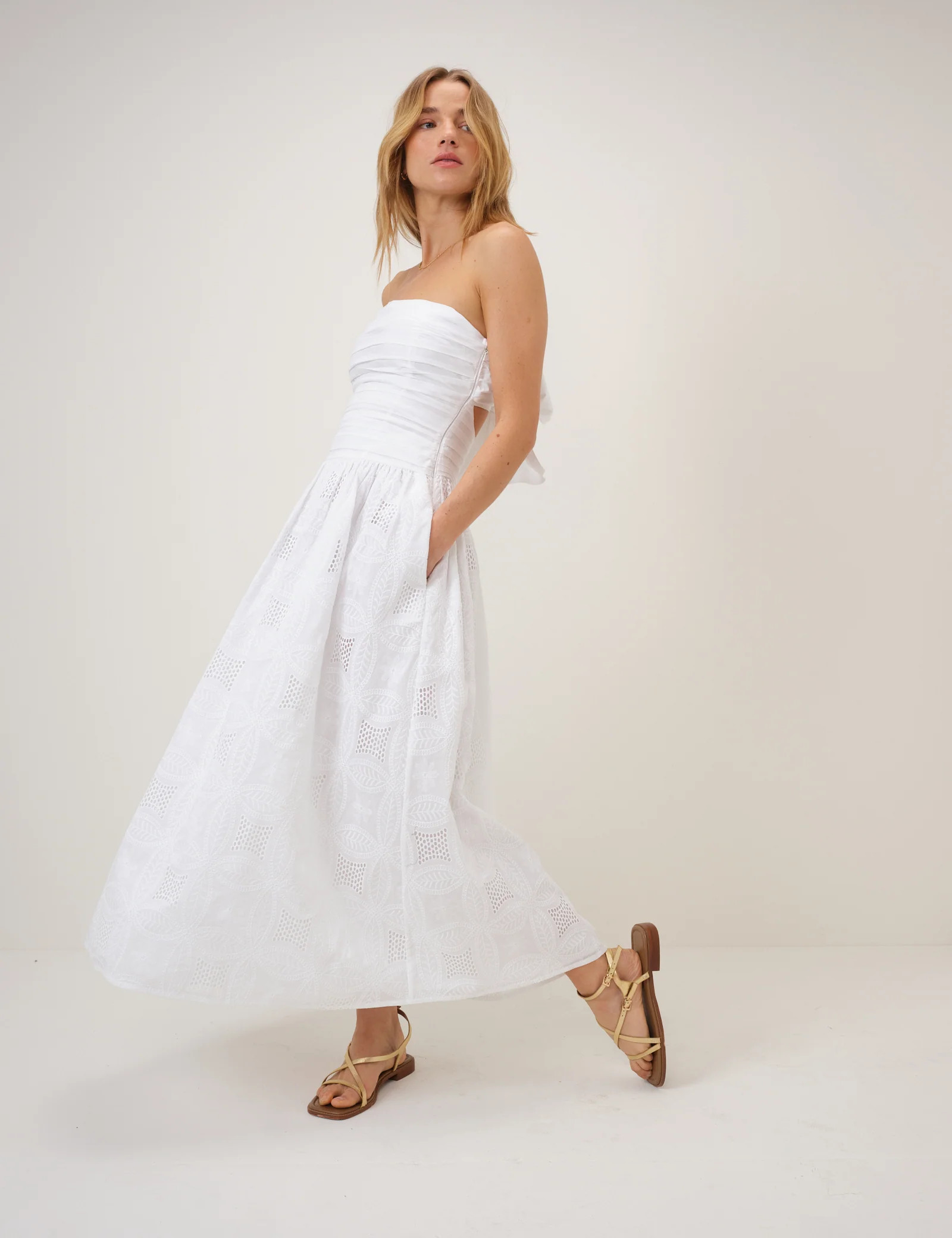 White Embroidered Bandeau Ariella Drop Waist Midi Dress | Nobody's Child