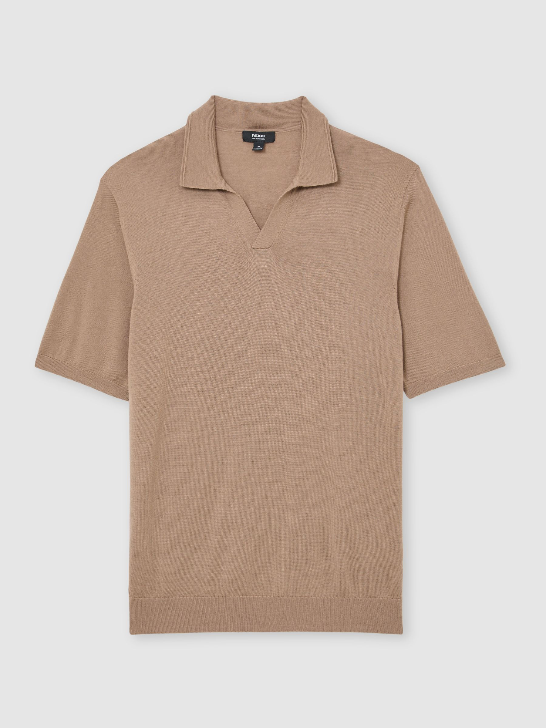 Reiss Merino Wool Open Collar Polo Shirt in Camel Brown - REISS | Reiss UK