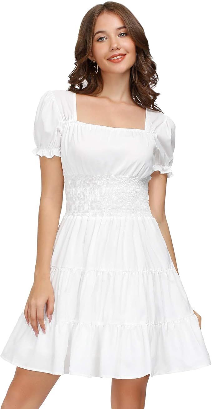 KANCY KOLE Women's Smocked Waist Dress Square Neck Short Bubble Sleeve Ruffle Mini Dress S-XXL | Amazon (US)