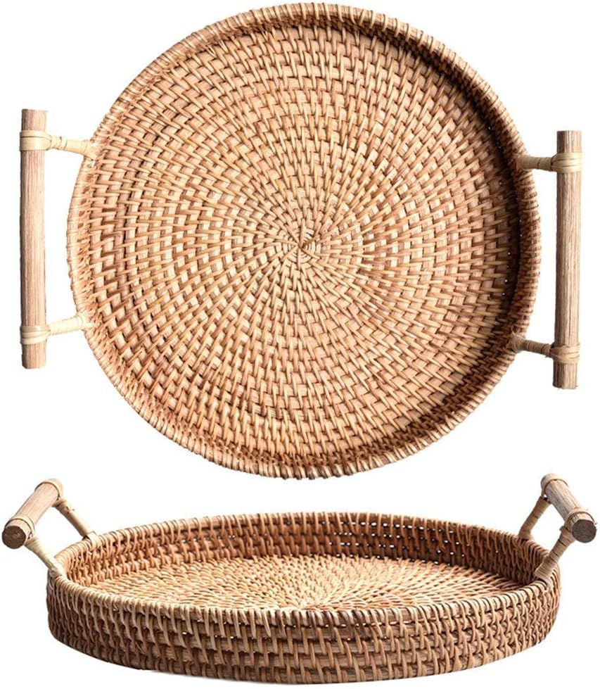 Woven Serving Tray, Rattan Round Tray, Wicker Serving Basket with Wooden Handles (12.6 inch / 32c... | Amazon (US)