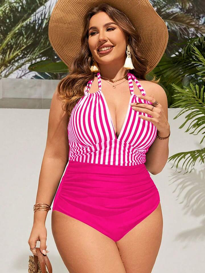 SHEIN Swim Vcay Plus Size Striped Patchwork Color Block One-Piece Swimsuit | SHEIN