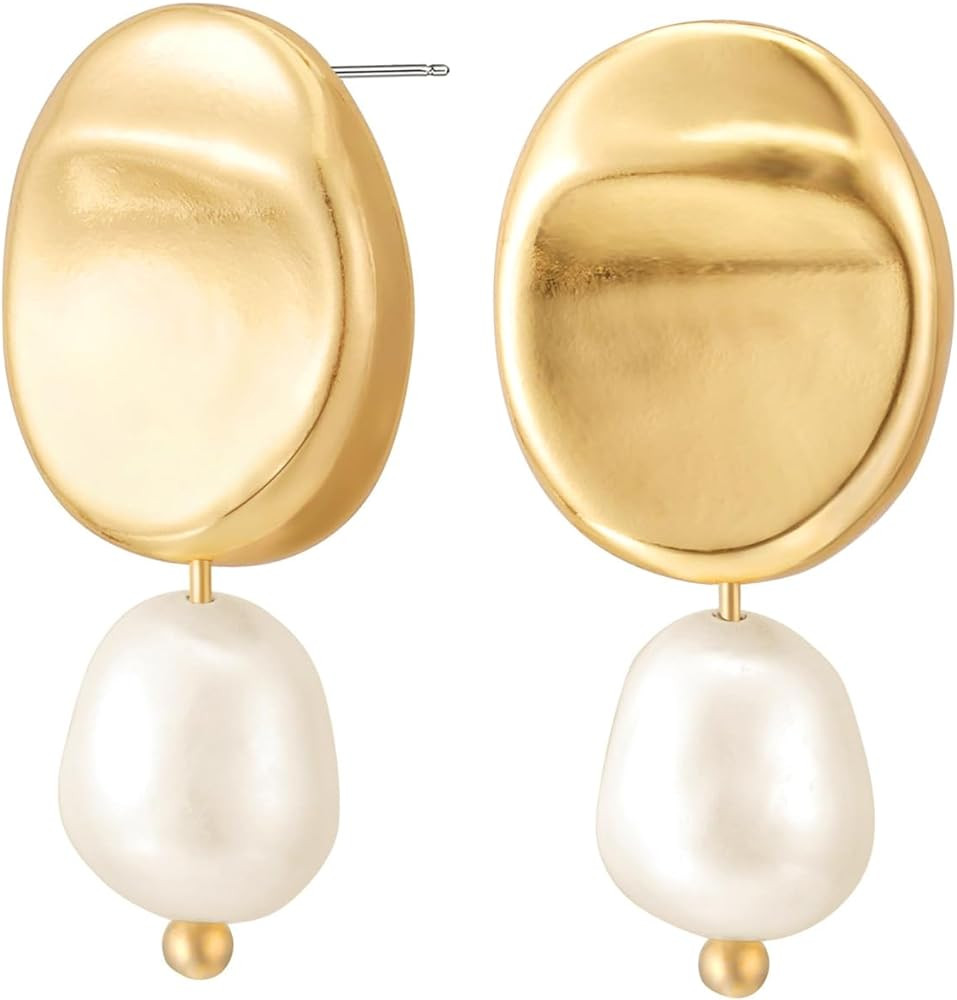 Gold Earrings 14k Gold Plated Hoop Earrings Dainty Pearl hoop Disc Coin Bead Starfish Teardrop Ci... | Amazon (US)