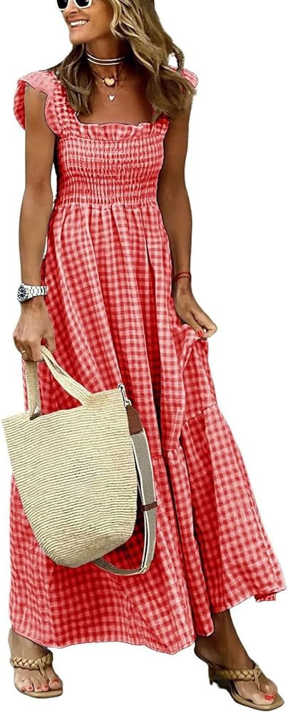 Women's Sleeveless Strap Retro Plaid A-Line Smocked Maxi Long Dress with Ruffled Hem | Amazon (US)