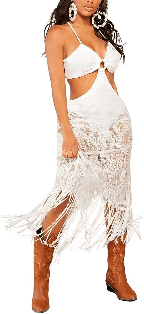 BEAUDRM Women's O-Ring Cut Out Halter Neck Maxi Dress Backless Fringe Hem Lace Mesh Sheer Summer ... | Amazon (US)