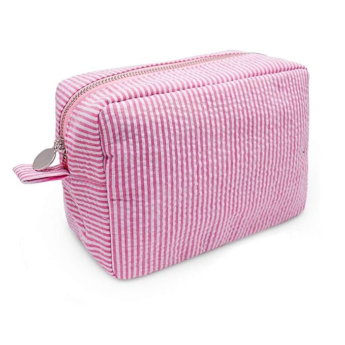Cosmetic Bag Fashion Seersucker Makeup Pouch with Zipper Closure for Women(Pink) | Amazon (US)