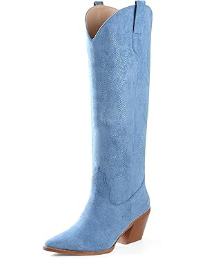 iiimmu Cowgirl Boots Women Knee High Boots Pointed Toe and Block Heel Cowboy Suede and Faux Leath... | Amazon (US)