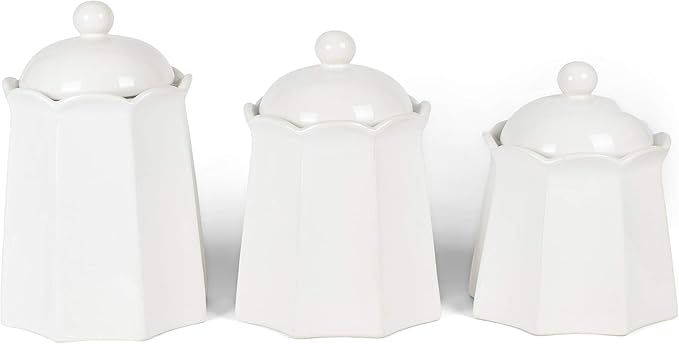 Scalloped White 10 x 7 inch Ceramic Kitchen Storage Canisters with Lids, Set of 3 | Amazon (US)
